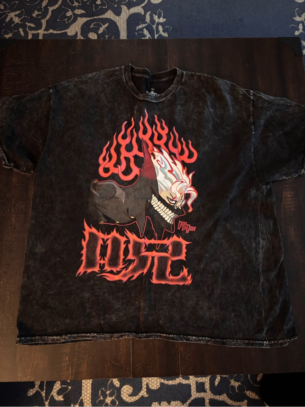 Hot Topic Dan Da Dan Black Tee with Red Flame Graphic